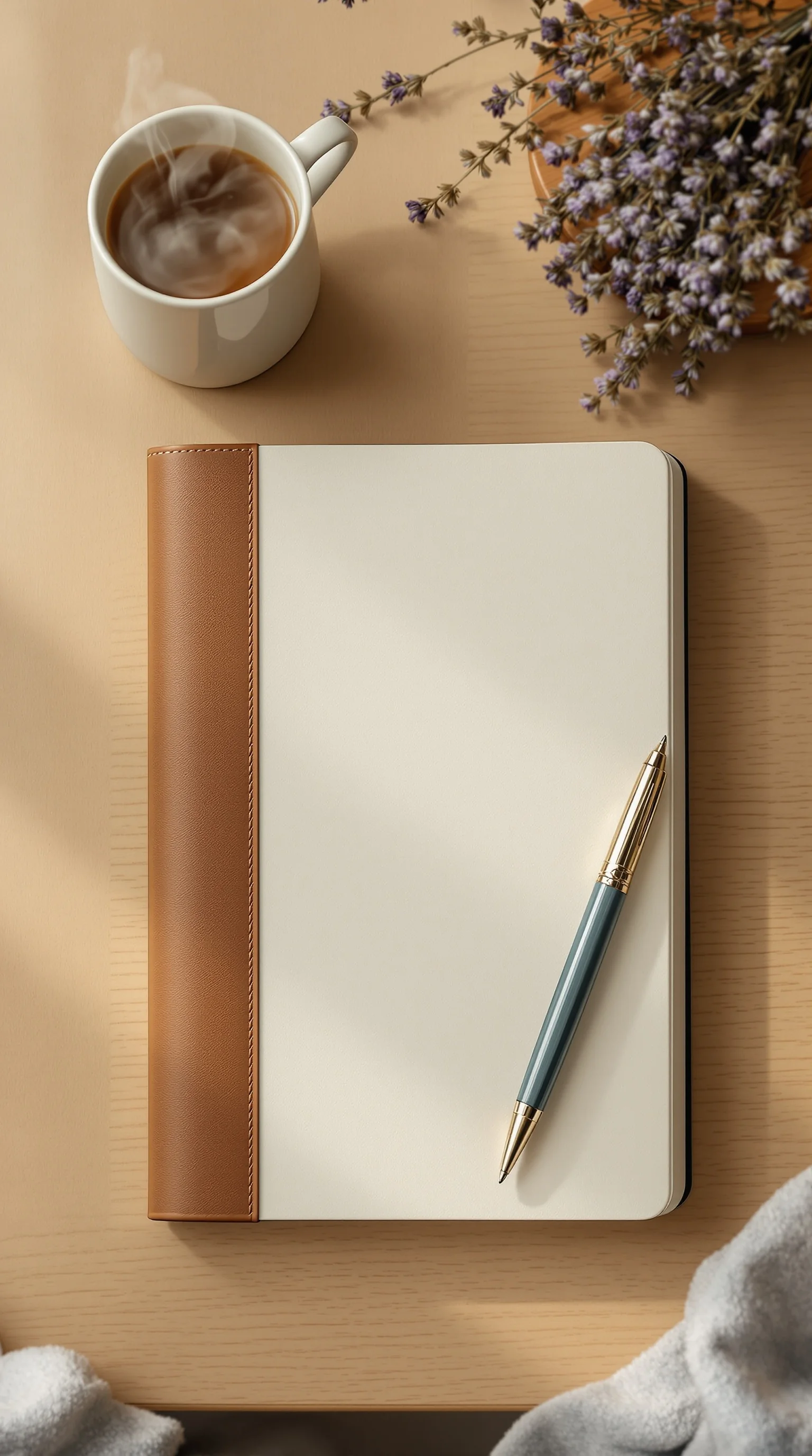 Açık defter, kalem ve sıcak fincan